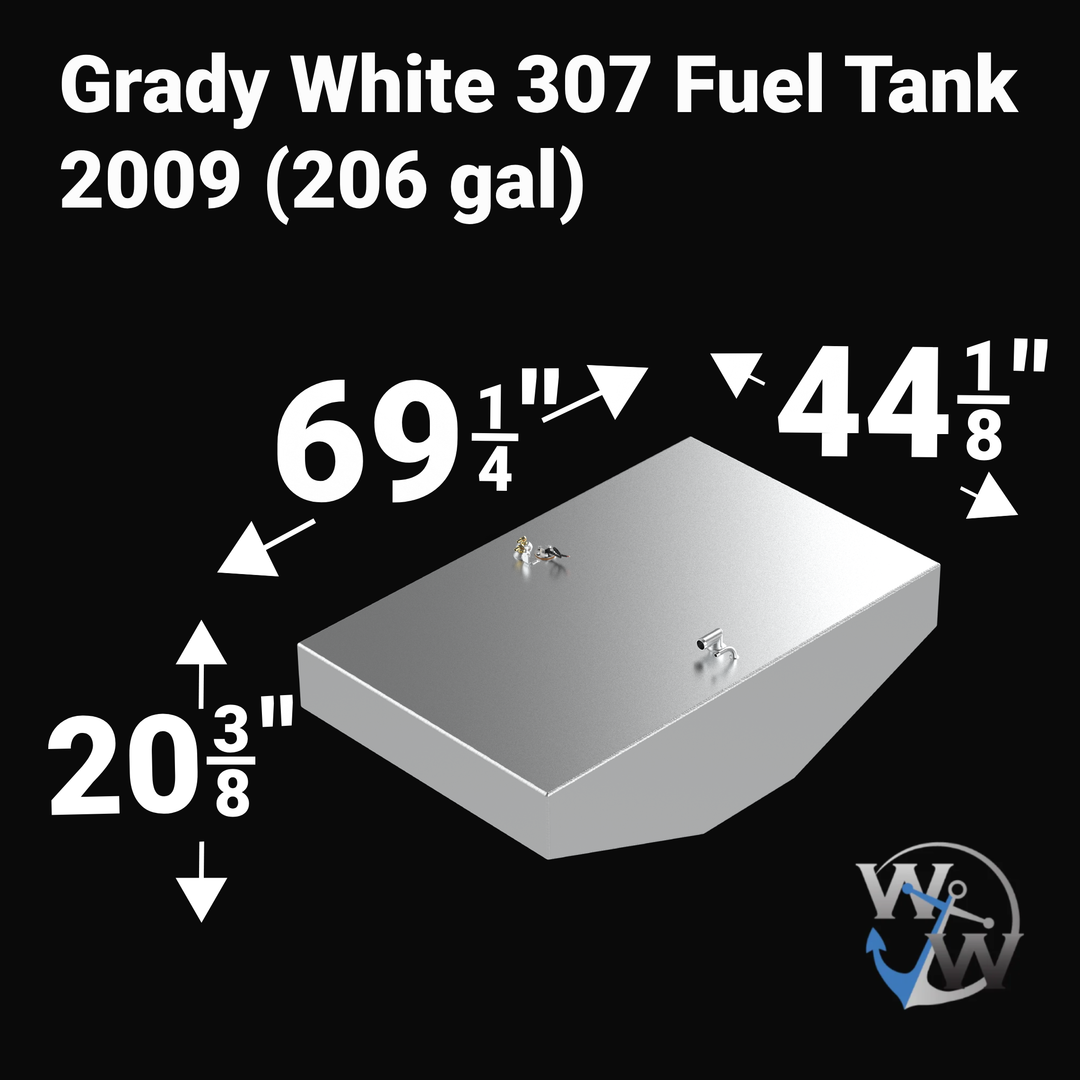 Dimensional technical diagram for a raw aluminum Grady White 307 replacement marine fuel tank featuring a high-capacity 206-gallon design. The graphic displays precise technical specifications with measurements of 69-1/4" length, 44-1/8" width, and 20-3/8" height, showcasing a deep V-hull tapered bottom configuration designed to match the vessel's hull contour perfectly. The top deck displays an unsealed variant layout complete with a forward 90-degree fuel fill pipe, an integrated vent line connection, a c