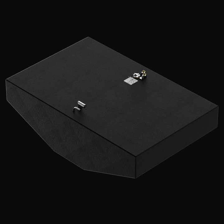 A three-quarter high-angle alternative isometric perspective rendering of a black single-tank unit, showcasing a Grady White 307 OEM replacement marine fuel tank. This high-capacity 206-gallon fuel cell features a deep V-hull tapered bottom configuration precisely engineered to match the vessel's original dual console hull pocket layout. Masterfully constructed from heavy-gauge marine-grade 5052-H32 aluminum, the tank is completely encapsulated in a textured, anti-corrosive black TarGard epoxy coating for l