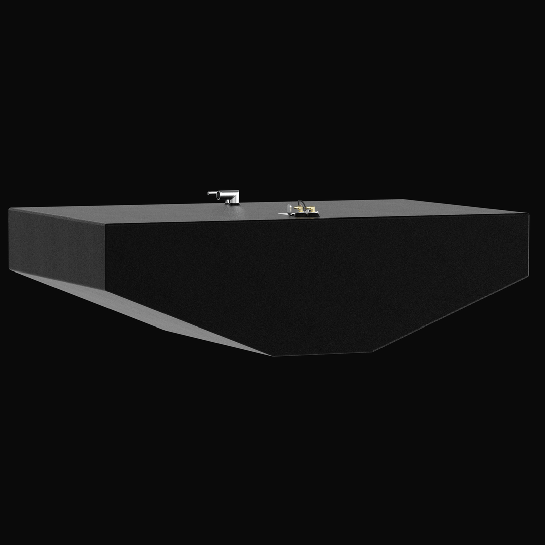 A low-angle rear perspective rendering of a black single-tank unit, emphasizing the wide hull-conforming underside of a Grady White 307 206-gallon OEM replacement marine fuel tank. The heavy-duty tank features a deep, multi-angled V-hull tapered bottom configuration designed to seat perfectly within the vessel's original hull pocket layout. It is masterfully constructed from heavy-gauge marine-grade 5052-H32 aluminum and fully sealed in a textured, anti-corrosive black TarGard epoxy coating. The top deck is