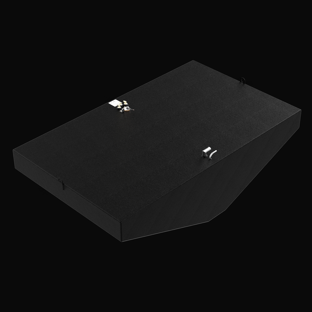 A three-quarter high-angle isometric perspective rendering of a massive black single-tank assembly, detailing a Grady White 366 Canyon 390-gallon OEM replacement marine fuel tank. This high-capacity fuel cell features a deep-profile hull-conforming tapered bottom geometry, masterfully constructed from heavy-gauge marine-grade 5052-H32 aluminum and completely encapsulated in a durable, textured black TarGard epoxy coating for ultimate corrosion protection. The upper deck is outfitted with high-performance ma