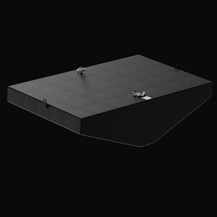 A high-angle isometric perspective rendering of a black high-capacity tank assembly from the opposite corner view, detailing a Grady White 366 Canyon 390-gallon OEM replacement marine fuel tank. The tank features a deep hull-conforming multi-angled V-hull tapered bottom geometry, masterfully constructed from heavy-gauge marine-grade 5052-H32 aluminum and finished in a protective, textured black TarGard epoxy coating. The clean top deck shows factory-installed hardware, including a forward-mounted fuel fill 