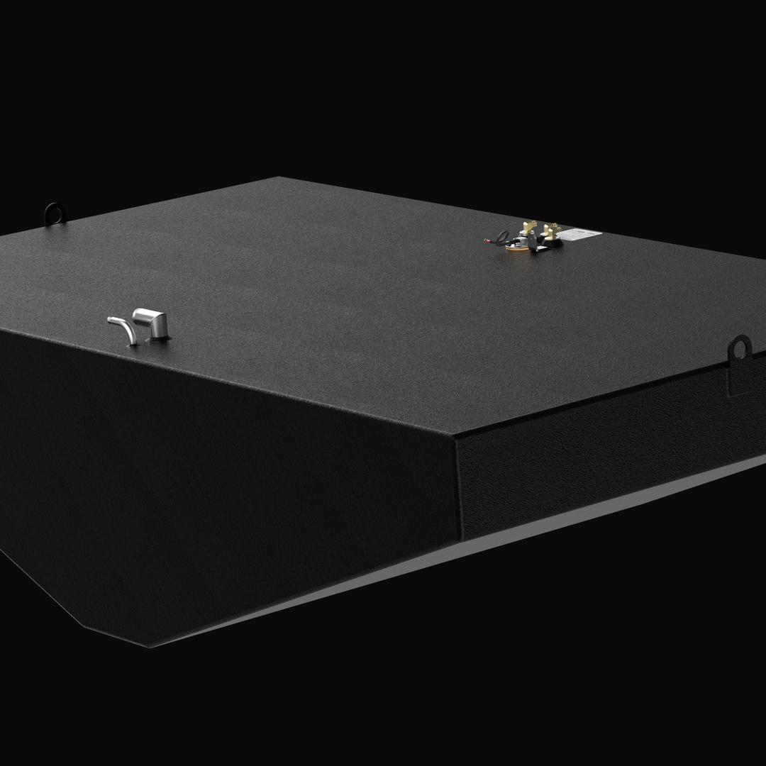A three-quarter low-angle perspective rendering of a black high-capacity tank assembly, highlighting the angled side wall configuration of a Grady White 366 Canyon 390-gallon OEM replacement marine fuel tank. The heavy-duty tank showcases a specialized V-hull tapered bottom and sloped side design engineered to drop flawlessly into the center console hull cavity. Masterfully constructed by Welding World from heavy-gauge marine-grade 5052-H32 aluminum, it is fully encapsulated in a protective, textured black 