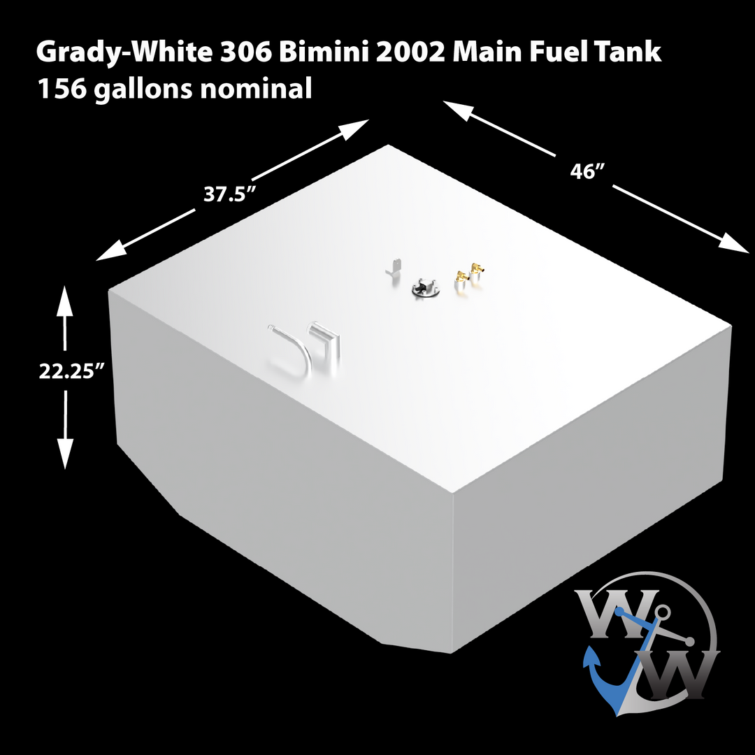 Grady-White 306 Bimini 2002 Main Fuel Tank, 156 gallons nominal. The image displays a light grey, rectangular fuel tank with an angled corner, indicating its shape. Dimensions are provided: 37.5 inches wide, 46 inches long, and 22.25 inches high. Various fittings, including golden-colored valves, a circular cap, and an L-shaped pipe, are visible on its top surface. A "W W" logo with an anchor is present in the bottom right corner