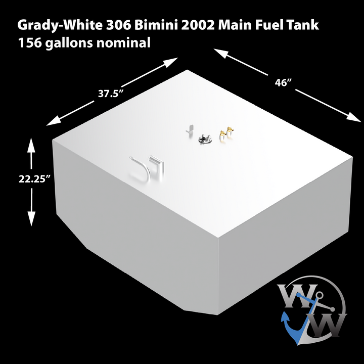 Grady-White 306 Bimini 2002 Main Fuel Tank, 156 gallons nominal. The image displays a light grey, rectangular fuel tank with an angled corner, indicating its shape. Dimensions are provided: 37.5 inches wide, 46 inches long, and 22.25 inches high. Various fittings, including golden-colored valves, a circular cap, and an L-shaped pipe, are visible on its top surface. A "W W" logo with an anchor is present in the bottom right corner