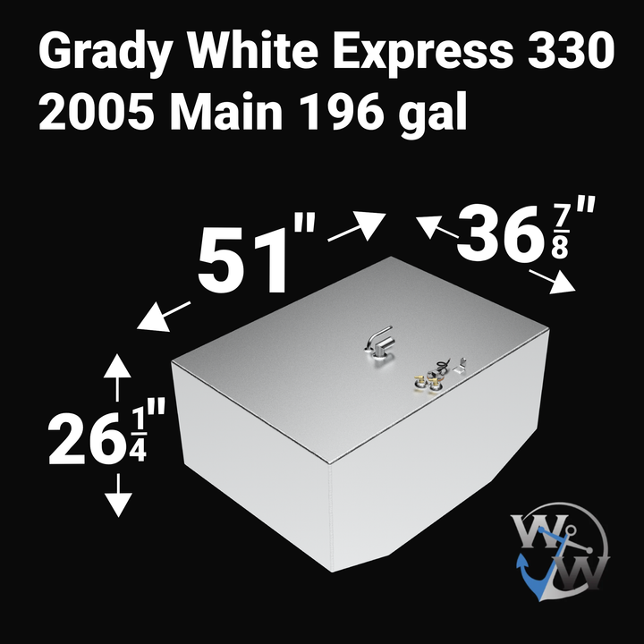 Dimensional diagram for a 196-gallon main OEM replacement fuel tank for a 2005 Grady White Express 330, showing engineering measurements: 51" length, 36 7/8" width, and 26 1/4" height with a V-bottom hull profile in mill-finish aluminum.