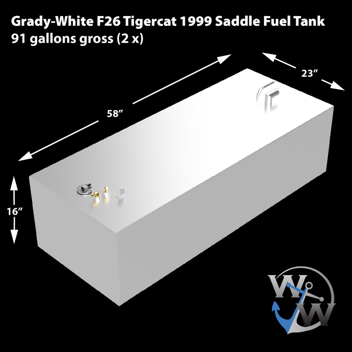 Grady-White F26 Tigercat 1999 Saddle Fuel Tank, 91 gallons gross (2x). The image shows a light grey, rectangular fuel tank with dimensions: 58 inches long, 23 inches wide, and 16 inches high. The top surface displays various fittings, including two golden-colored valves, a circular gauge, and an L-shaped pipe. A "W W" logo with an anchor is visible in the bottom right corner