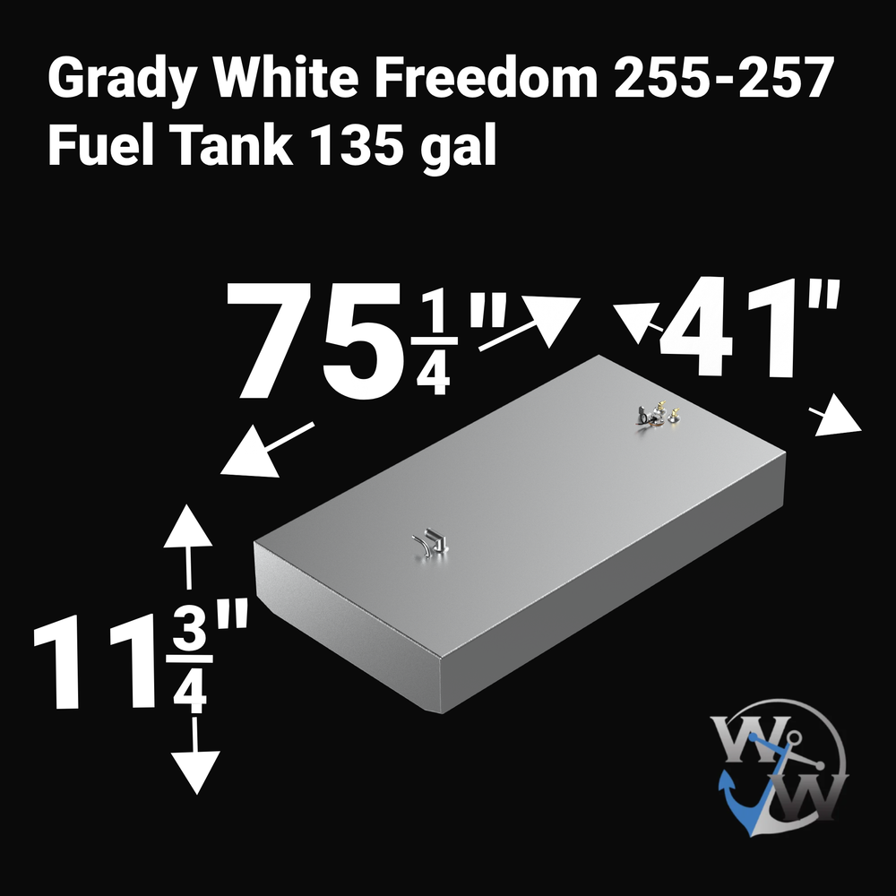 A high-angle isometric product graphic diagram of a raw aluminum Grady-White Freedom 255-257 OEM replacement marine fuel tank from file image_990000.jpg, isolated against a black background. Large white bold text overlays detail the exact physical dimensions, specifying a 135-gallon capacity, a length of 75-1/4 inches, a width of 41 inches, and a height of 11-3/4 inches. The CAD rendering illustrates the low-profile rectangular tank geometry custom-engineered by Welding World to fit the boat's primary cente