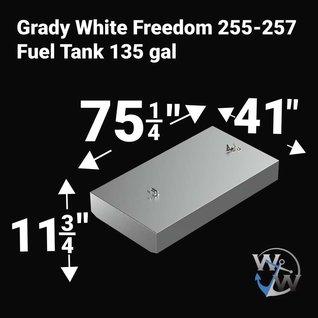 A high-angle isometric product graphic diagram of a raw aluminum Grady-White Freedom 255-257 OEM replacement marine fuel tank from file image_990000.jpg, isolated against a black background. Large white bold text overlays detail the exact physical dimensions, specifying a 135-gallon capacity, a length of 75-1/4 inches, a width of 41 inches, and a height of 11-3/4 inches. The CAD rendering illustrates the low-profile rectangular tank geometry custom-engineered by Welding World to fit the boat's primary cente