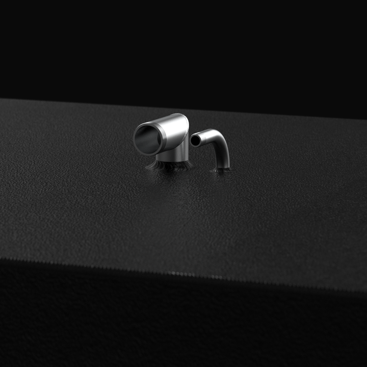 A studio close-up view highlighting the fill neck and vent tube on a physical, finished black encapsulated Grady White Freedom 255-257 OEM replacement marine fuel tank (135 gal) from file image_990b43.jpg, isolated against a black background. Positioned on the flat top deck, the assembly features a pre-welded 90-degree aluminum fuel fill neck paired with an integrated curved vent line, both precision-welded into the heavy-gauge marine-grade 5052-H32 aluminum tank shell. The surrounding deck surface is fully