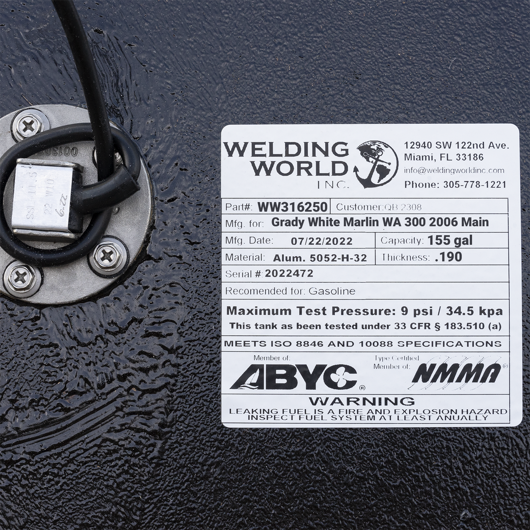 Welding World Inc. certification label for a 2006 Grady-White Marlin 300 main fuel tank, showing a 155-gallon capacity, heavy-duty .190" thickness, and 5052-H-32 aluminum material. Displayed alongside ABYC and NMMA compliance logos and USCG 33 CFR § 183.510(a) test standards.