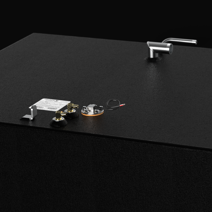 High-detail 3D rendering of the rigging hardware on a 149-gallon auxiliary fuel tank for a Grady-White Marlin 300, featuring a textured coal-tar epoxy finish, brass fuel pickup fittings, pre-wired sending unit, and ABYC-compliant certification label.