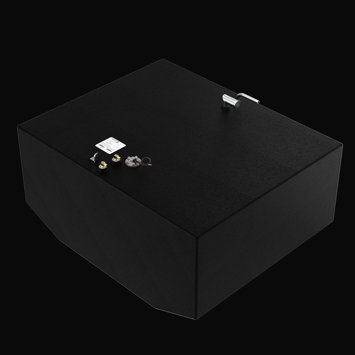 Isometric 3D rendering of a 155-gallon main OEM replacement fuel tank for a 2006 Grady-White Marlin 300, featuring a corrosion-resistant coal-tar epoxy finish, precision V-bottom profile, and top-mounted rigging hardware.