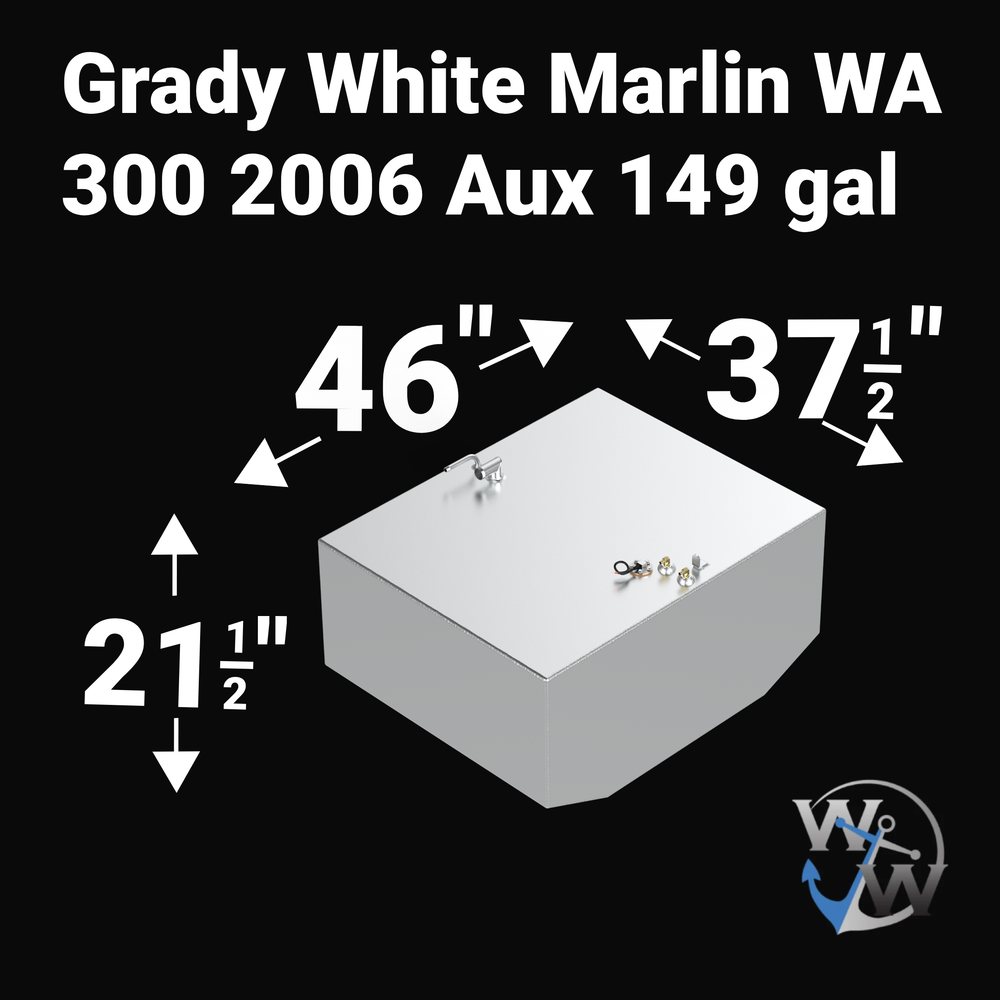 Dimensional diagram for a 149-gallon auxiliary OEM replacement fuel tank for a 2006 Grady-White Marlin 300, showing engineering measurements: 46" length, 37.5" width, and 21.5" height with a V-hull bottom profile and mill-finish aluminum.
