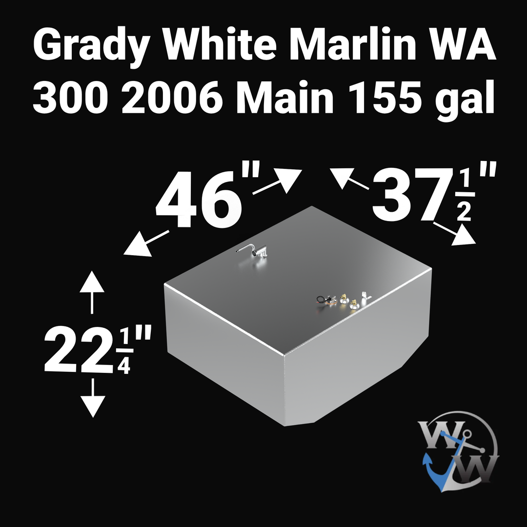 Dimensional diagram for a 155-gallon main OEM replacement fuel tank for a 2006 Grady-White Marlin 300, featuring measurements: 46" length, 37.5" width, and 22.25" height with a precision V-bottom hull profile and mill-finish aluminum.