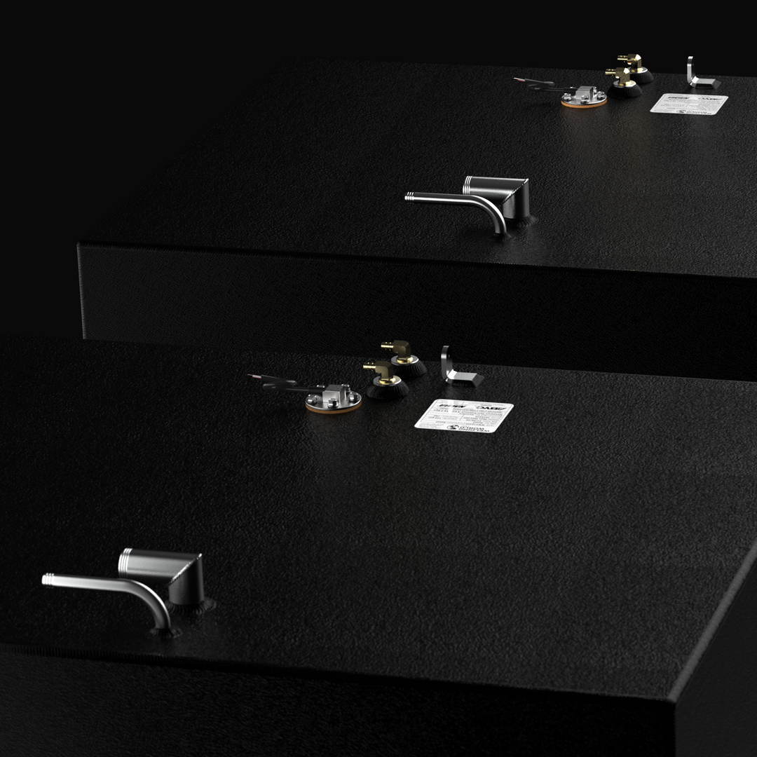 Close-up 3D rendering of the dual fuel tank replacement system for a 2006 Grady-White Marlin 300, showcasing the textured coal-tar epoxy finish, pre-installed fuel sending units, brass fittings, and ABYC-compliant certification labels.