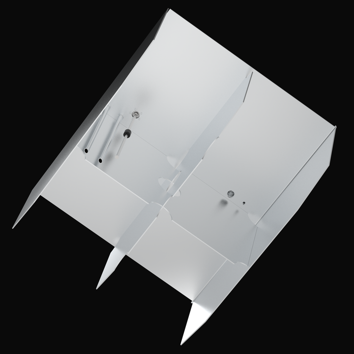 Top-down internal 3D rendering of a Grady-White Marlin 300 replacement fuel tank, showing the precision-cut baffles for fuel slosh control, dual pickup tubes, and reed-style sending unit for accurate fuel level monitoring.