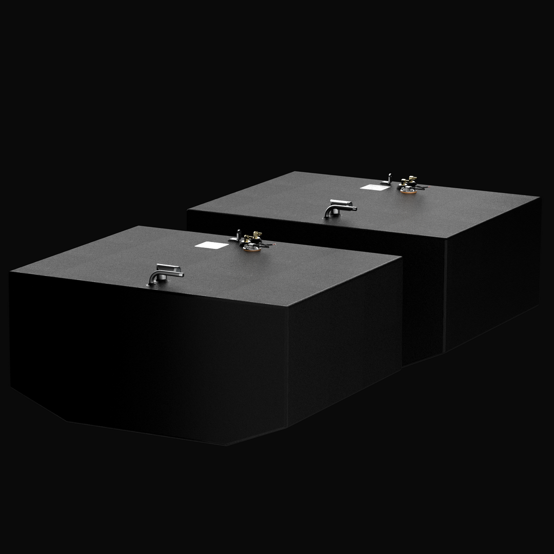 Isometric 3D rendering of the dual fuel tank replacement kit for a 2006 Grady-White Marlin 300, featuring the 155-gallon main tank and 149-gallon auxiliary tank with a textured coal-tar epoxy finish and pre-installed rigging hardware.