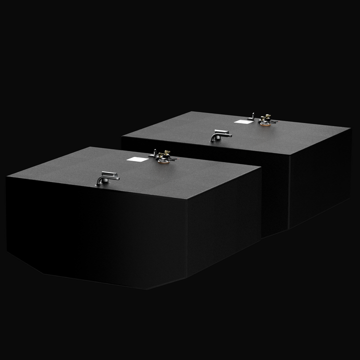 Isometric 3D rendering of the dual fuel tank replacement kit for a 2006 Grady-White Marlin 300, featuring the 155-gallon main tank and 149-gallon auxiliary tank with a textured coal-tar epoxy finish and pre-installed rigging hardware.