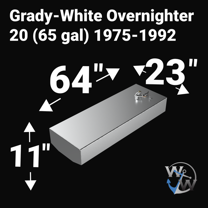A high-angle isometric product graphic diagram of a raw aluminum Grady-White Overnighter 20 OEM replacement marine fuel tank (65 gal) from file image_551aa2.jpg, isolated against a black background. Bold white text overlays detail the exact physical dimensions for 1975–1992 models (204-C, 205, 206, 206-C), specifying a 65-gallon capacity, a length of 64 inches, a width of 23 inches, and a height of 11 inches. The CAD rendering displays the low-profile rectangular cell engineered by Welding World with a tape