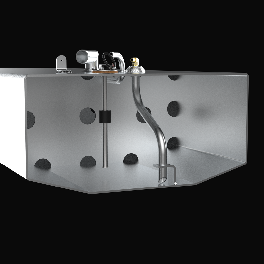 A 3D CAD cross-section cutaway view revealing the internal anti-slosh baffle system and pickup assembly of a Grady-White Overnighter 20 OEM replacement marine fuel tank (65 gal) from file image_550bdb.jpg, isolated against a black background. Precision-engineered from heavy-gauge marine-grade 5052-H32 aluminum, the exposed interior highlights an internal baffle wall with circular flow-pass holes alongside a curved aluminum fuel pickup tube extending down to a welded foot bracket at the tapered V-bottom dead