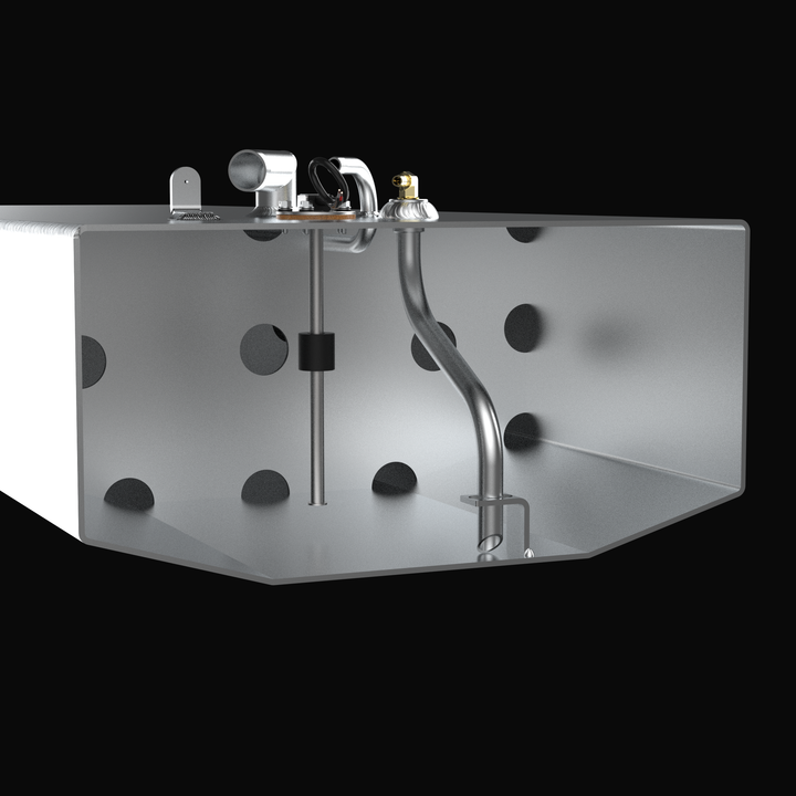 A 3D CAD cross-section cutaway view revealing the internal anti-slosh baffle system and pickup assembly of a Grady-White Overnighter 20 OEM replacement marine fuel tank (65 gal) from file image_550bdb.jpg, isolated against a black background. Precision-engineered from heavy-gauge marine-grade 5052-H32 aluminum, the exposed interior highlights an internal baffle wall with circular flow-pass holes alongside a curved aluminum fuel pickup tube extending down to a welded foot bracket at the tapered V-bottom dead
