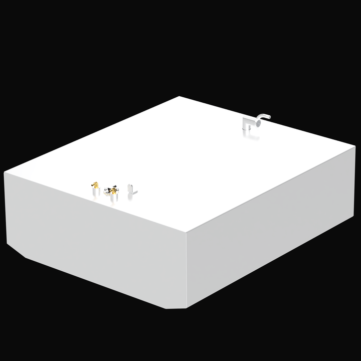 3D rendering of a 124-gallon marine fuel tank for a 1989 Grady White SailFish 254 boat. The tank is white with a beveled front edge and includes aluminum and brass fittings for fuel fill, vent, and sending unit. The tank surface is clean and reflective, with no labels or dimensions shown.