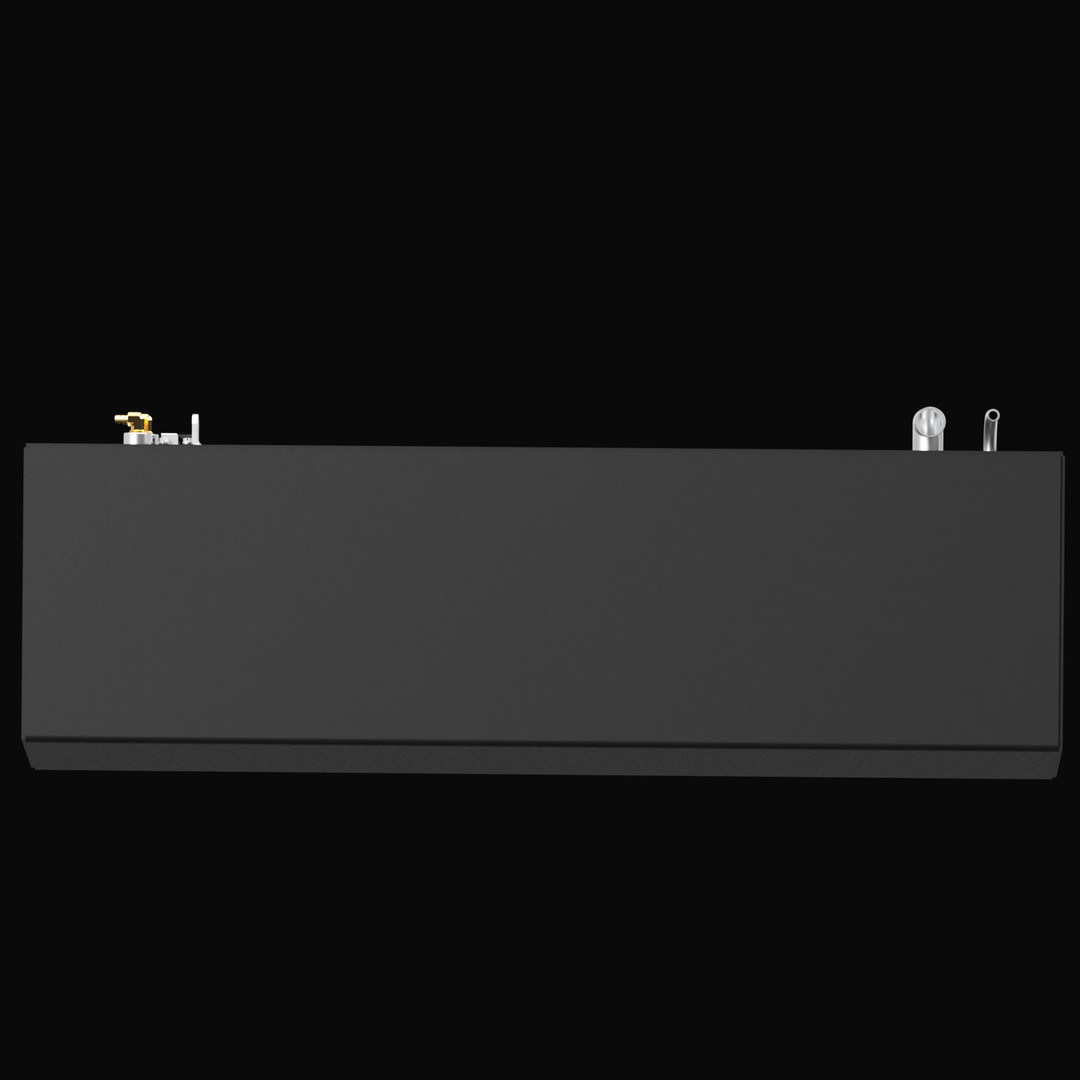 Side view of a rectangular marine fuel tank in matte black finish. The tank has a flat surface with visible fittings on both ends: silver vent and fill pipes on one end and brass fittings with a sending unit assembly on the other. The tank edges are sharp, and the overall shape is simple and functional.