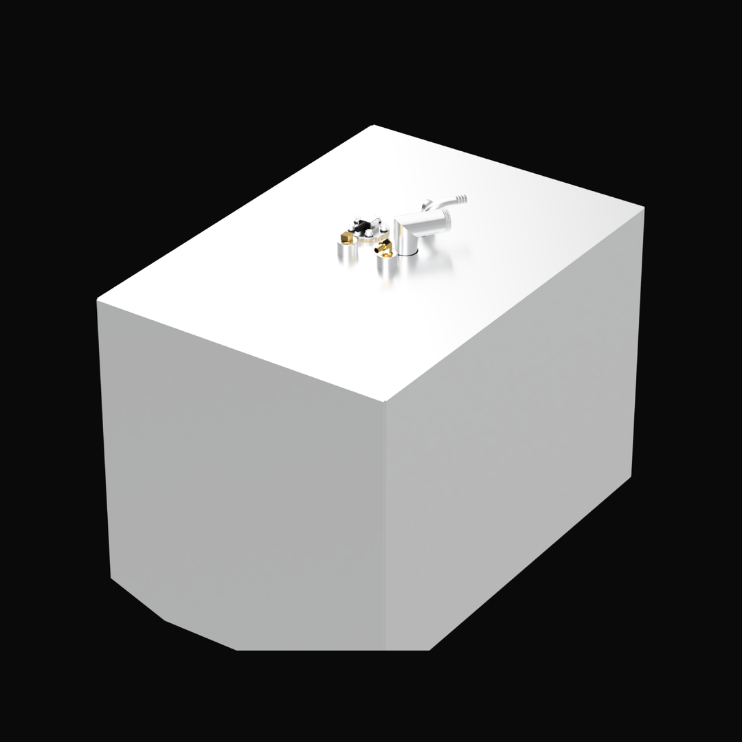 A 3D render of the Grady White Voyage 248 50-gallon Built to OEM Specs fuel tank, showing the boxy, light grey tank with a cluster of silver and brass fittings on its top surface, against a black background.