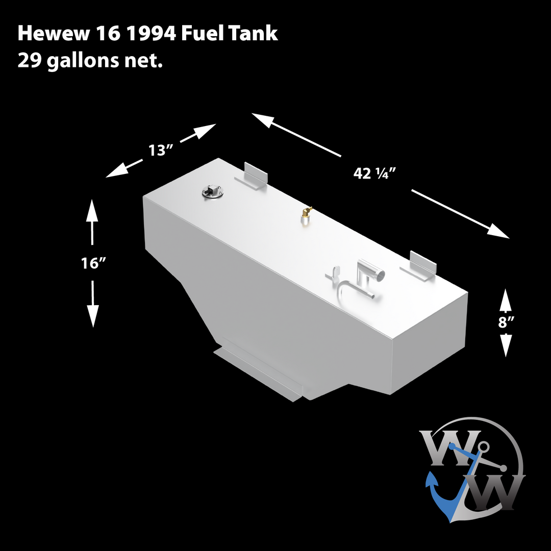A diagram of a Hewes 16 1994 Fuel Tank, 29 gallons net, rendered in a light gray color against a black background. The tank has an irregular, stepped shape on its underside, with overall dimensions indicated by arrows: 13 inches in width at one end, 16 inches in total height, and 42 1/4 inches in length. A smaller height of 8 inches is also noted. The top surface of the tank features a circular access point with a black cap, a brass fitting, two L-shaped brackets