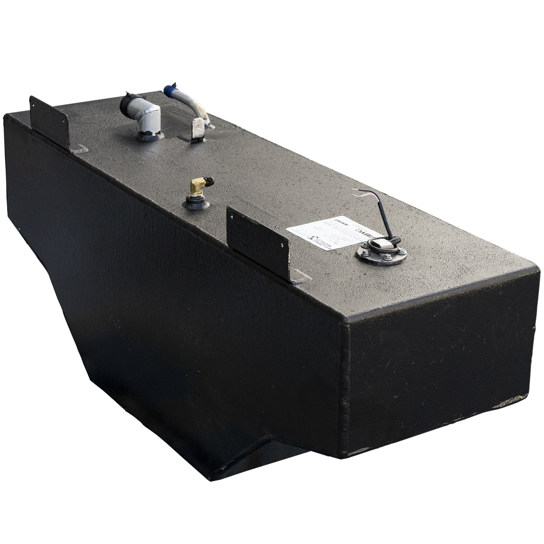 A black, textured fuel tank with an irregular shape, including an angled bottom section on one side and a rectangular cutout. The top surface of the tank features various fittings: a curved pipe with a blue cap, a cylindrical vent, a brass elbow, a flat mounting bracket, a circular fuel level sender with exposed wires and a white label, and another flat mounting bracket