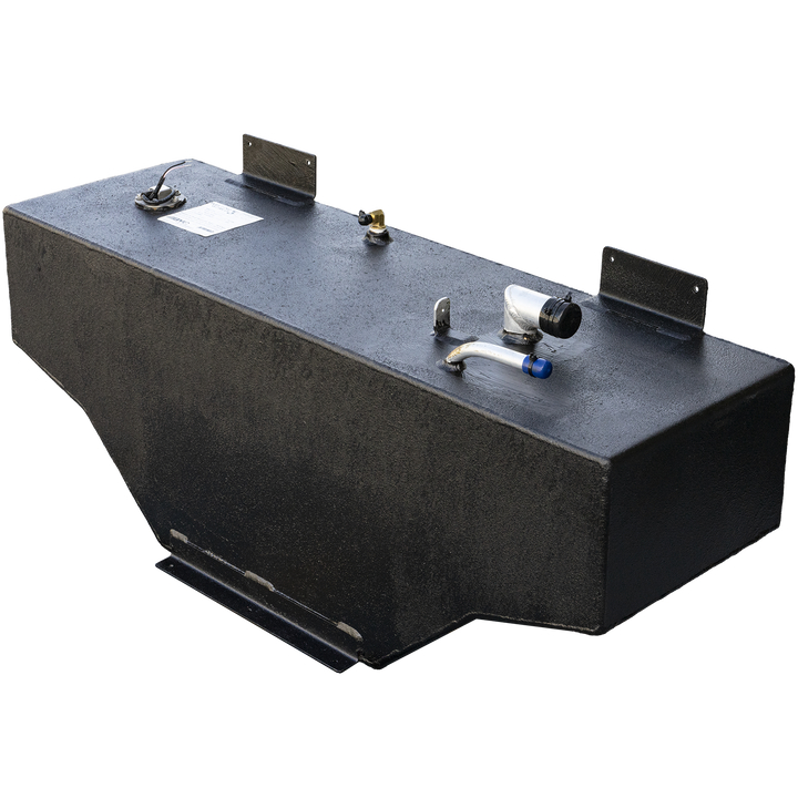 A black, textured 28-gallon OEM replacement belly fuel tank for a Hewes 16 (1994). The rectangular tank features a cutout on one side and is equipped with various marine fittings on its top surface, including a circular fuel level sending unit with wires, two L-shaped mounting brackets, a brass elbow, and a larger angled fitting with a black cap and a curved tube with a blue cap