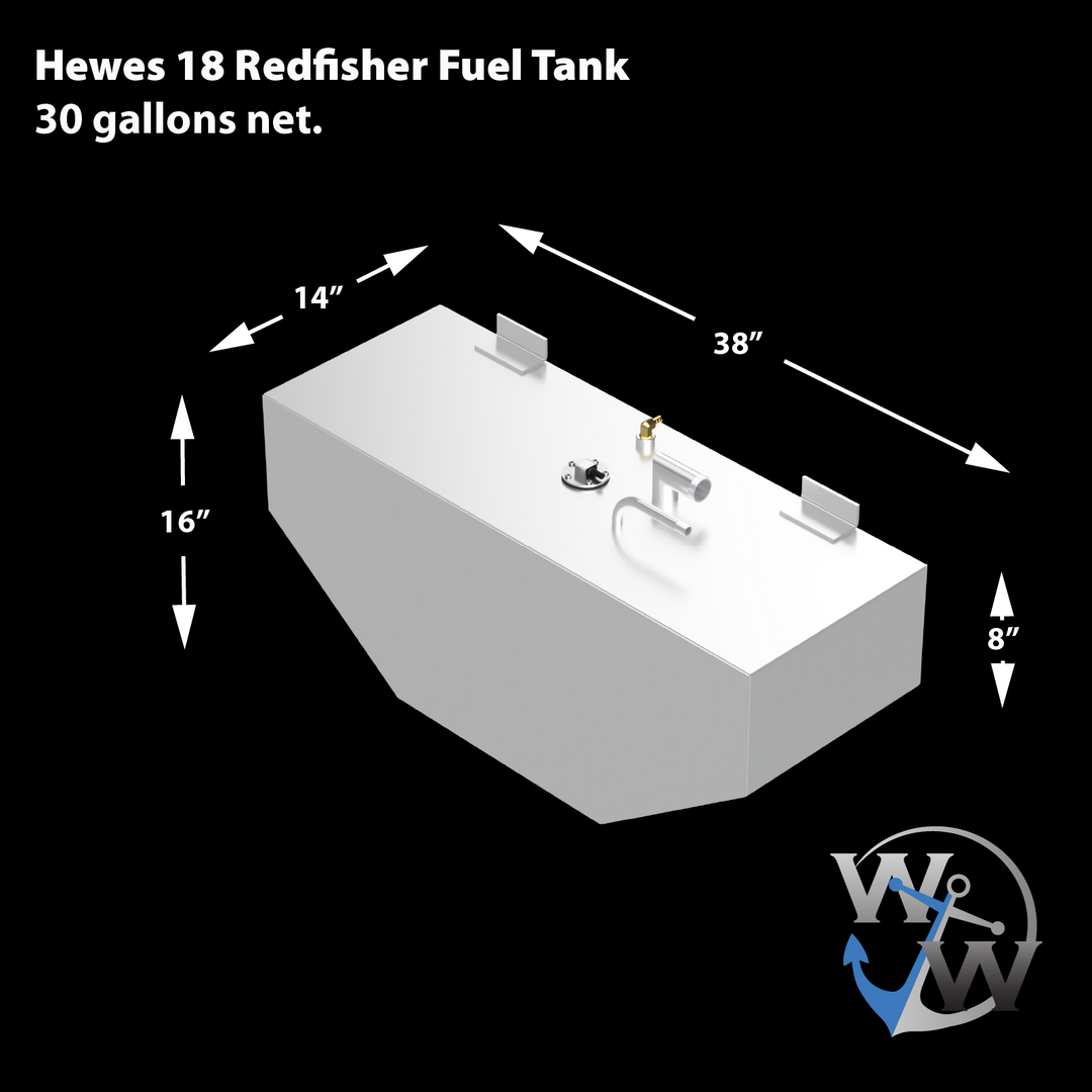 A diagram of a Hewes 18 Redfisher Fuel Tank, 30 gallons net, shown in a silver or white finish against a black background. Dimensions are indicated with arrows: 14 inches for one width, 16 inches for height, 38 inches for length, and 8 inches for the height of a slanted section. The tank has various fittings on top, including a brass piece, a circular component, and a curved tube. The bottom right corner features a logo with two 'W's and an anchor