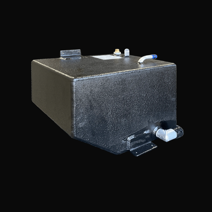 Perspective view of the Hewes 18 Redfisher replacement fuel tank (26 gal), displaying the mirror-matched configuration for the opposite side (Port/Starboard). The image details the lower fuel fill elbow, top-mounted vent fitting, and welded mounting tabs.