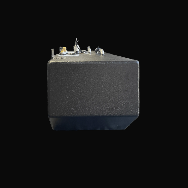 End elevation view of the Hewes 18 Redfisher replacement fuel tank (26 gal). The image highlights the specific angled bottom corner designed for hull clearance, along with the textured black protective finish and top mounting tabs.