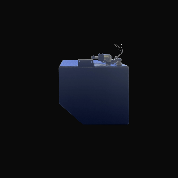 End profile view of the Hewes 18 Redfisher replacement fuel tank (26 gal). Highlights the angled bottom corner designed to match the hull deadrise, a heavy-duty top mounting tab, and the fuel fill elbow connection.