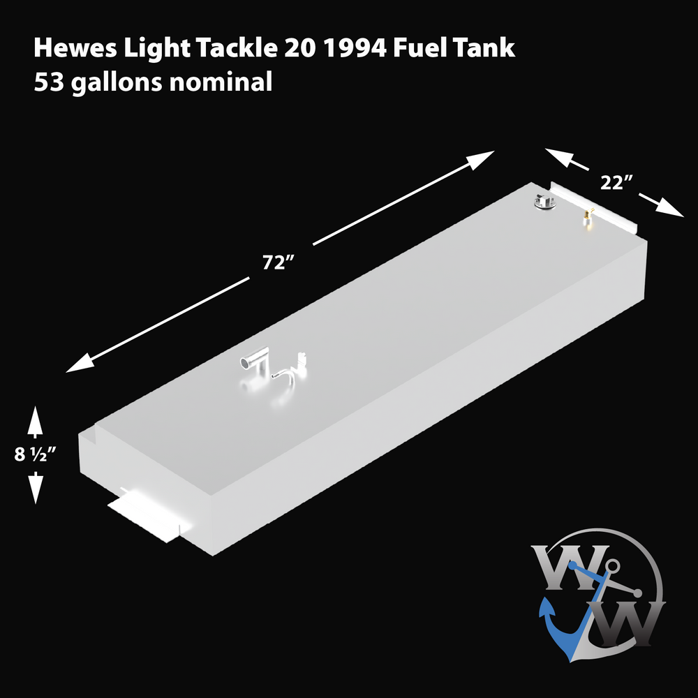 Hewes Light Tackle 20-foot 1994 model fuel tank with 53 gallons nominal capacity. The tank is rectangular with an indentation on one end and various fittings on the top surface. Dimensions: 72 inches long, 22 inches wide, and 8.5 inches high. The image includes the Welding World logo in the bottom right corner