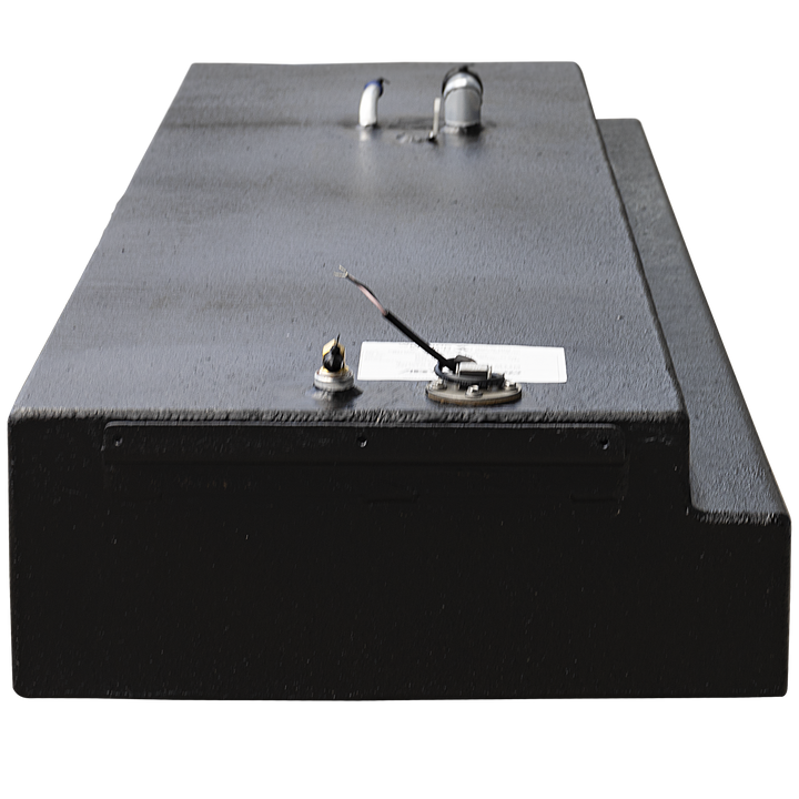 Photo of a black rectangular OEM replacement fuel tank for a Grady-White 258 Voyager 1994, viewed from the rear with fittings and a wiring connection visible on top. The tank is shown at an angle with a transparent background