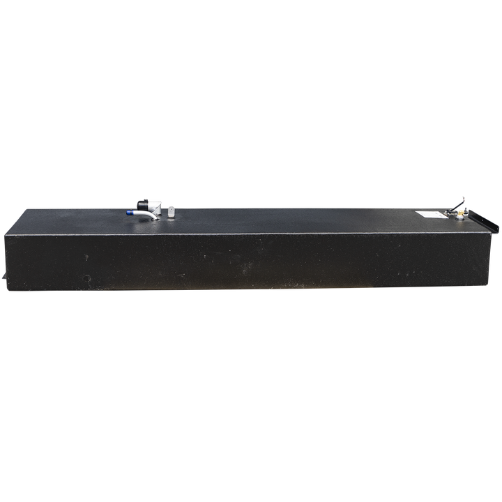 Side view of a black rectangular OEM replacement fuel tank for a Grady-White 258 Voyager 1994, with fittings and wiring visible on the top surface. The tank has a textured finish and is shown with a transparent background