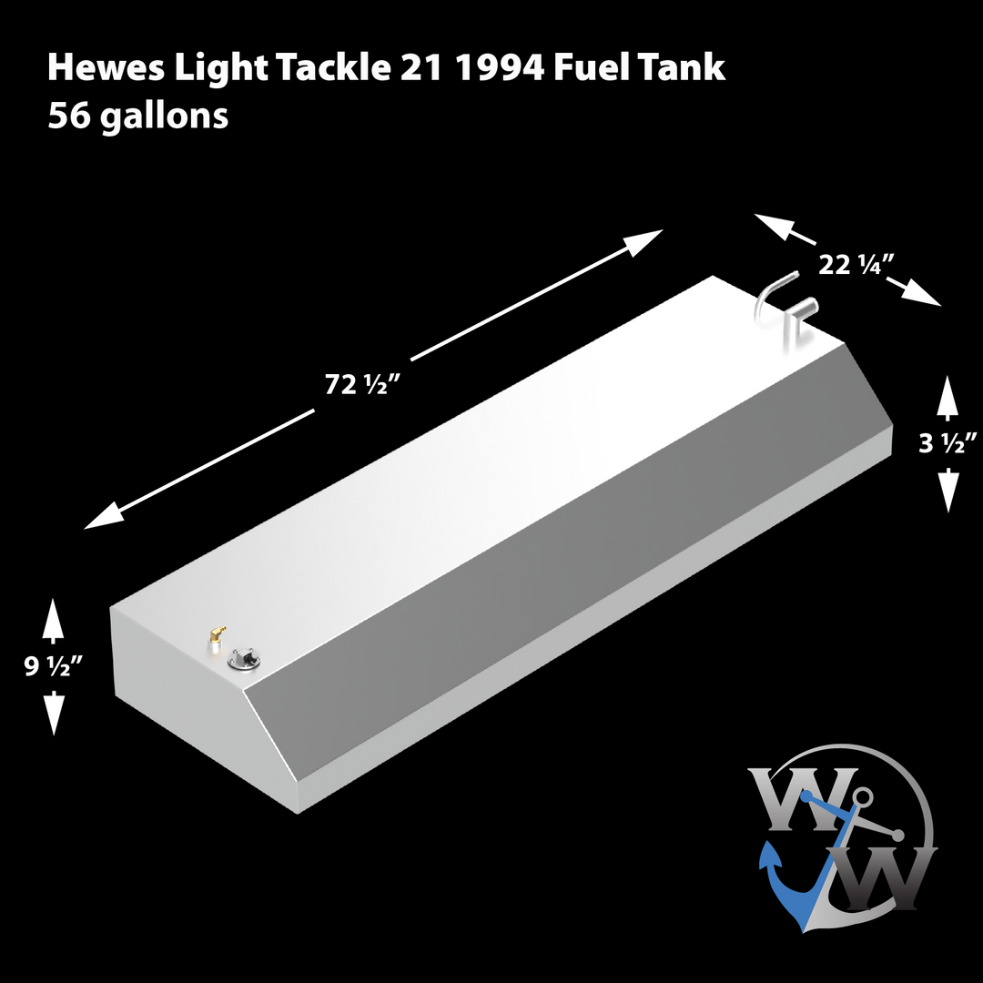 Diagram of a 56-gallon OEM replacement belly fuel tank for a 1994 Hewes Light Tackle 21' boat, featuring dimensions of 72.5 inches in length, 22.25 inches in width, and 3.5 inches in height, with a 9.5-inch depth