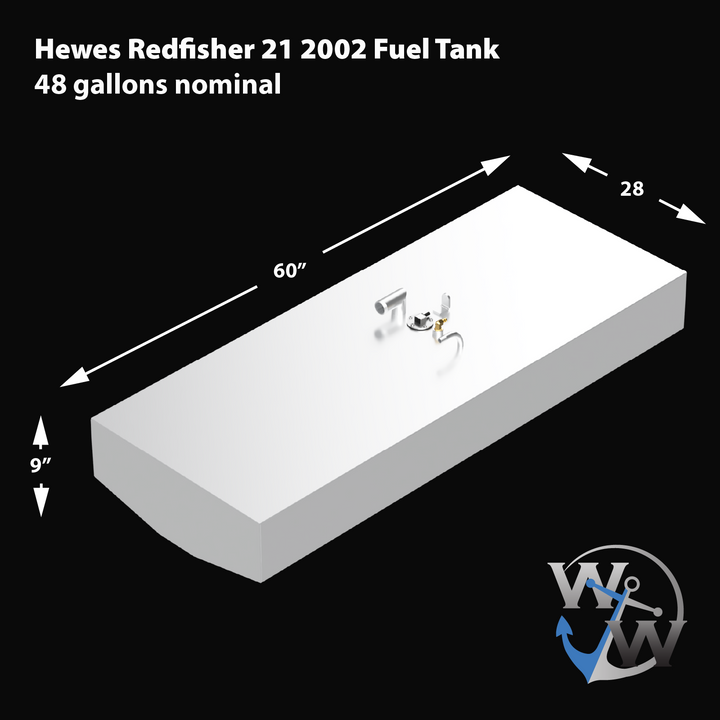 3D rendered image of a rectangular marine fuel tank with beveled front corners, shown from a rear-left angle on a black background. The tank is white and features several small fittings clustered near the center of the top surface. Dimensions and volume are overlaid in white text and arrows: 60 inches long, 28 inches wide, 9 inches high, and 48 gallons nominal capacity. The bottom right corner shows a partial “W” and anchor logo in blue and white.