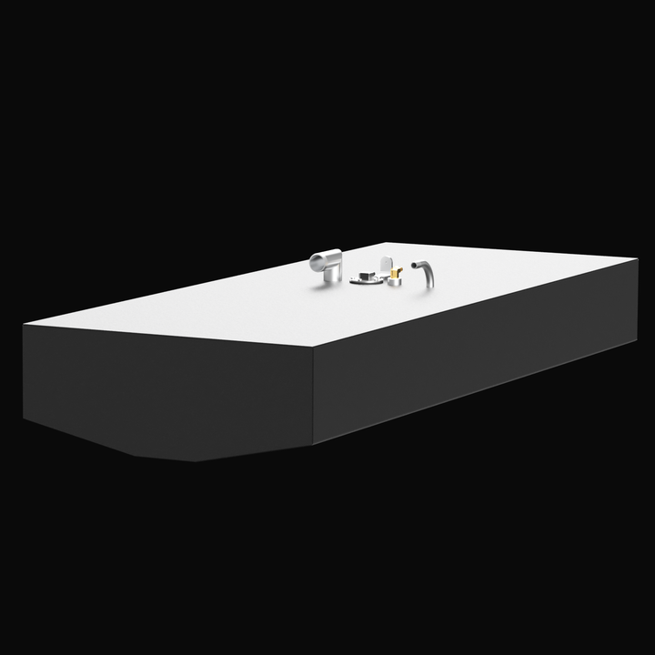 3D rendered image of a black marine fuel tank with beveled front corners, shown from a rear-left angle on a black background. The tank has four small fittings on the top surface clustered near the center and rear left side, including a white and silver vent pipe, a round cap, and two brass fittings.
