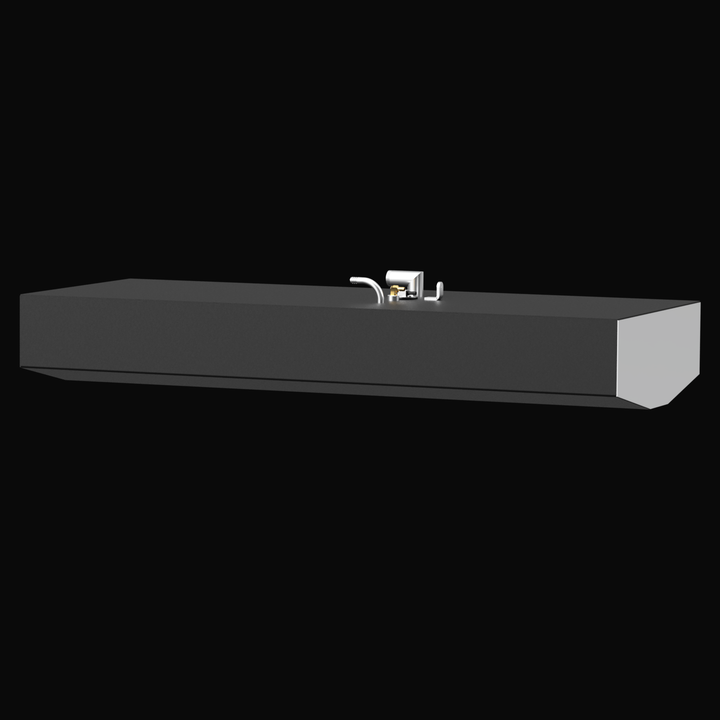 3D rendered black marine fuel tank with beveled front corners shown from a low diagonal angle on a black background. The tank top features several fittings including a white vent pipe, a round silver cap, a brass fitting, and two small white fittings grouped near the center.
