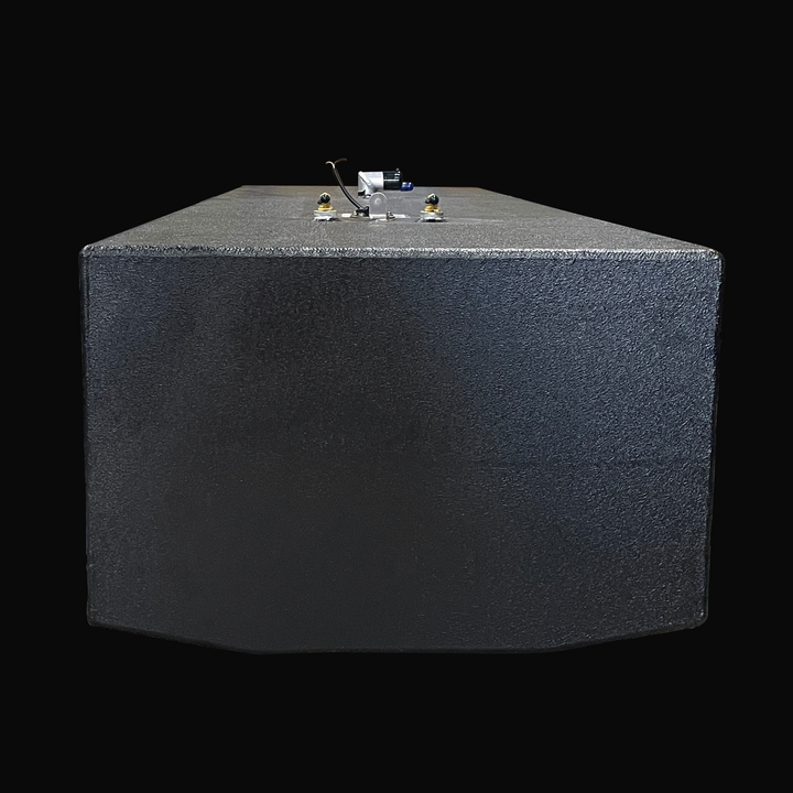 Front-facing profile of a 192-gallon Hydra Sport 25 (1994) belly fuel tank showing the structural integrity and thick Coal Tar Epoxy coating. The view highlights the tank's rectangular cross-section and the precise placement of fuel components on the top surface, ensuring a guaranteed OEM fit within the hull's stringer grid.