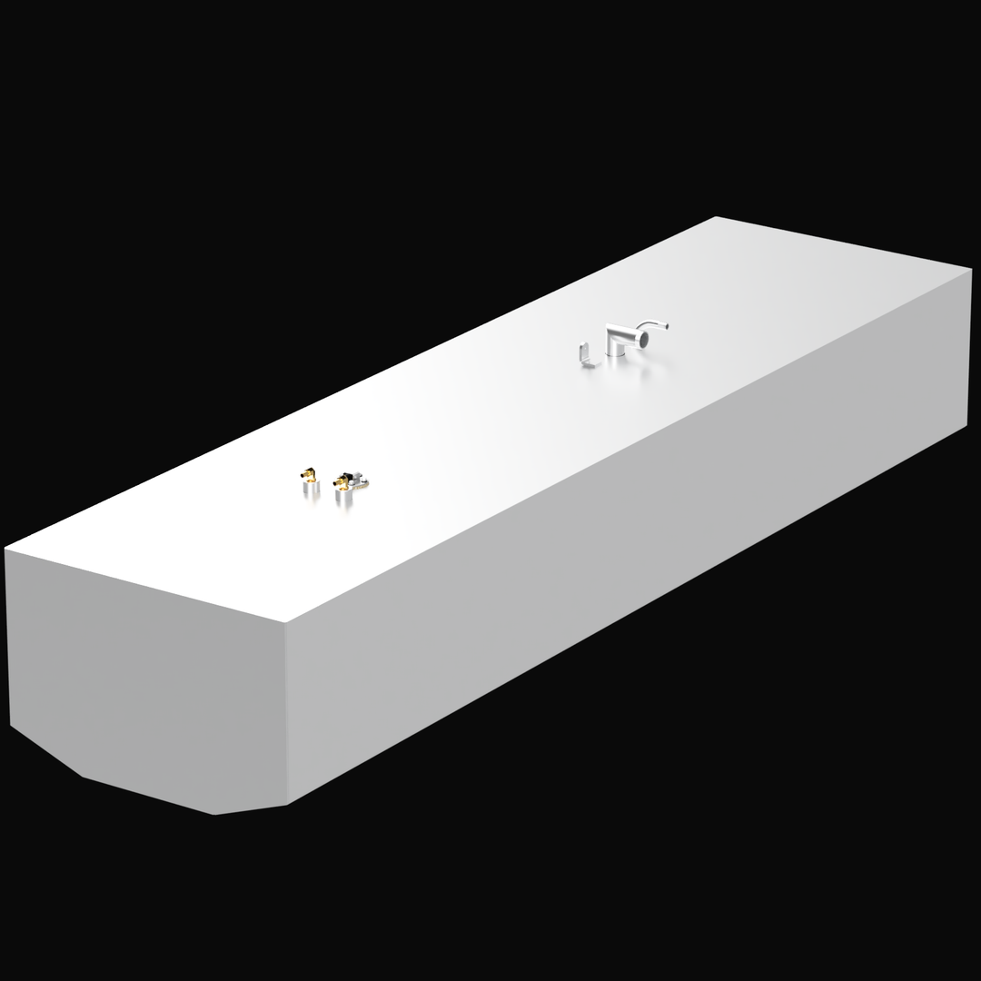 A 3D render of the Hydra Sport 33 162-gallon Built to OEM Specs fuel tank, showing the very long, light grey tank with two sets of silver and brass fittings on its top surface, against a black background.