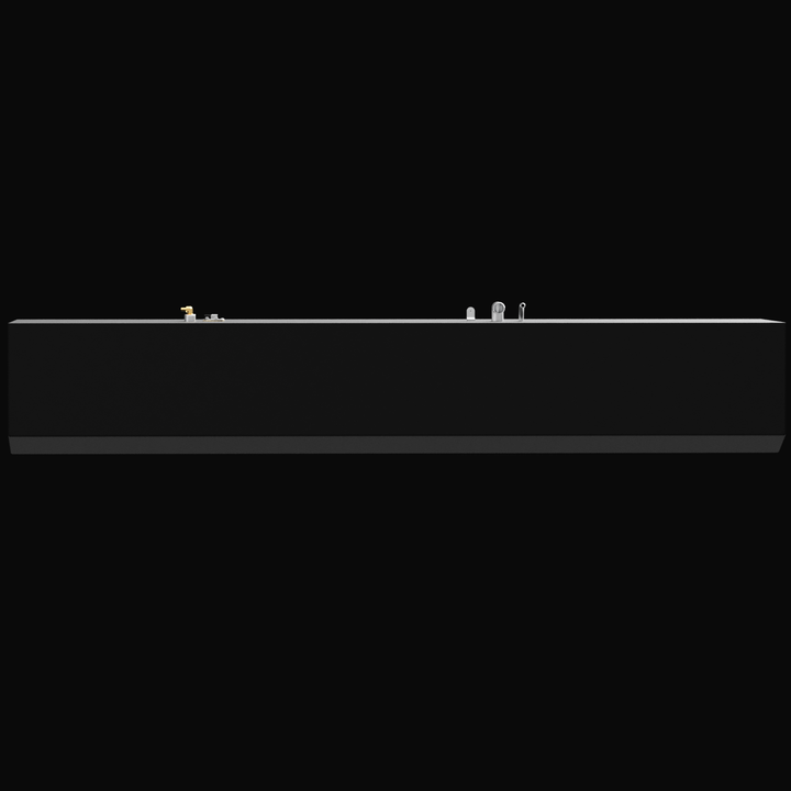 A 3D render showing a long side profile of a dark grey boat fuel tank, highlighting the two clusters of brass and silver fittings visible on the top edge, against a black background.