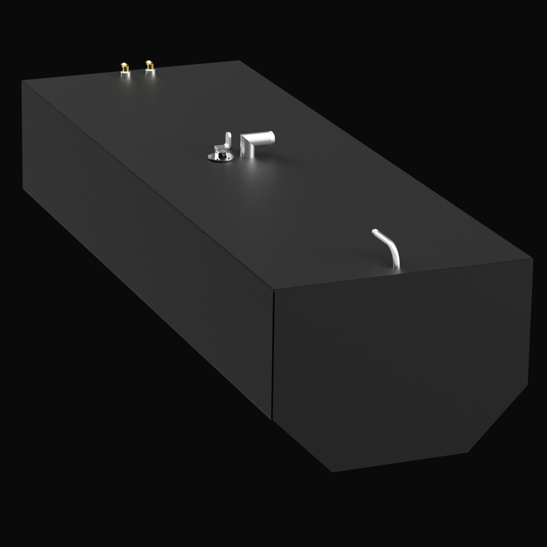 Angled rear-to-front view of a black OEM replacement fuel tank for a 1993 Intrepid 23-foot boat with a 147-gallon net capacity. The tank features a chamfered front edge and top-mounted components including a fill neck, vent tube, sender port, and dual brass fuel pickups