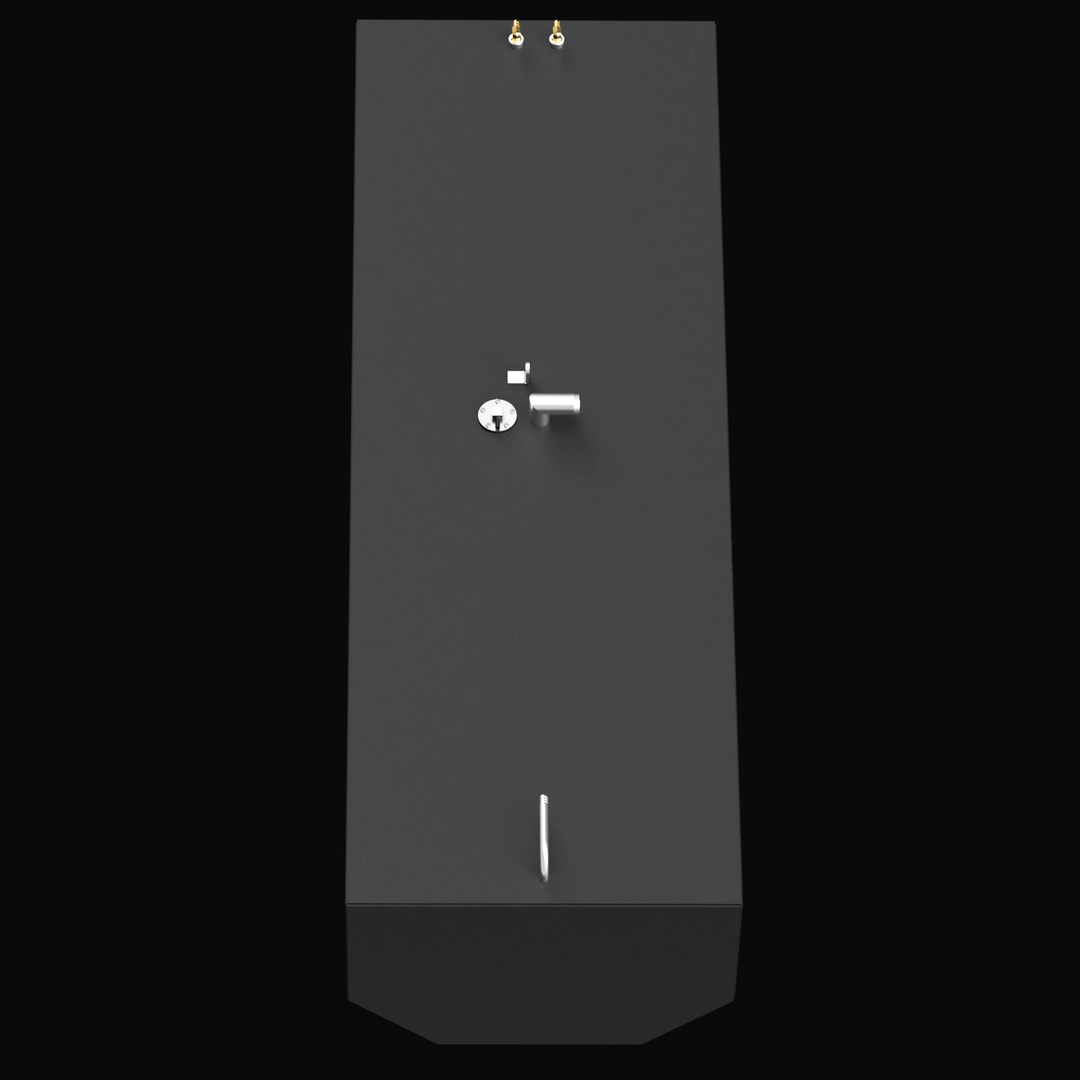 Top-down view of a black OEM replacement fuel tank for a 1993 Intrepid 23-foot boat with a 147-gallon net capacity. The tank features a chamfered front edge and top-mounted components including a fuel fill neck, vent tube, sender unit port, and dual brass fuel pickups near the rear