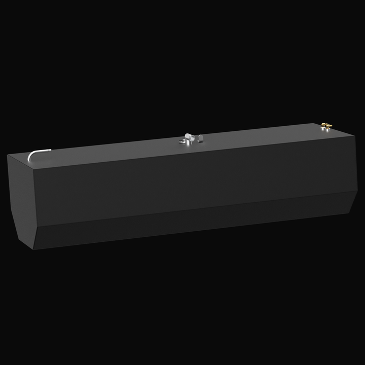 Side view of a black OEM replacement fuel tank for a 1993 Intrepid 23-foot boat with a 147-gallon net capacity. The tank features a chamfered front edge and visible top fittings including a fill neck, vent tube, sender unit port, and dual brass fuel pickups at the rear
