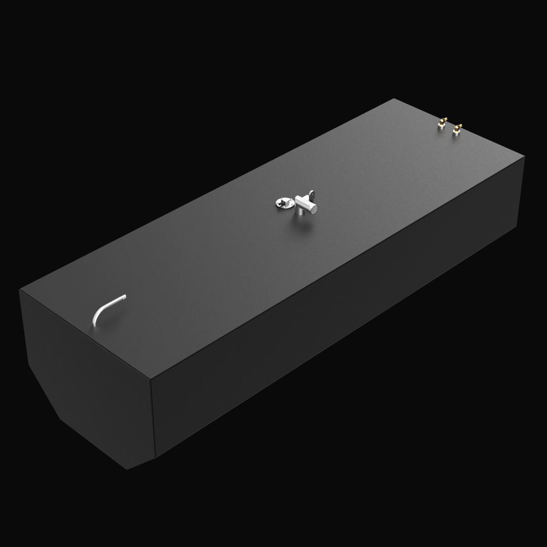 3D render of a black OEM replacement fuel tank for a 1993 Intrepid 23-foot boat, with a 147-gallon net capacity. The tank features top-mounted fittings including a fill neck, sender port, vent tube, and dual brass fuel pickups, shown with a chamfered front edge