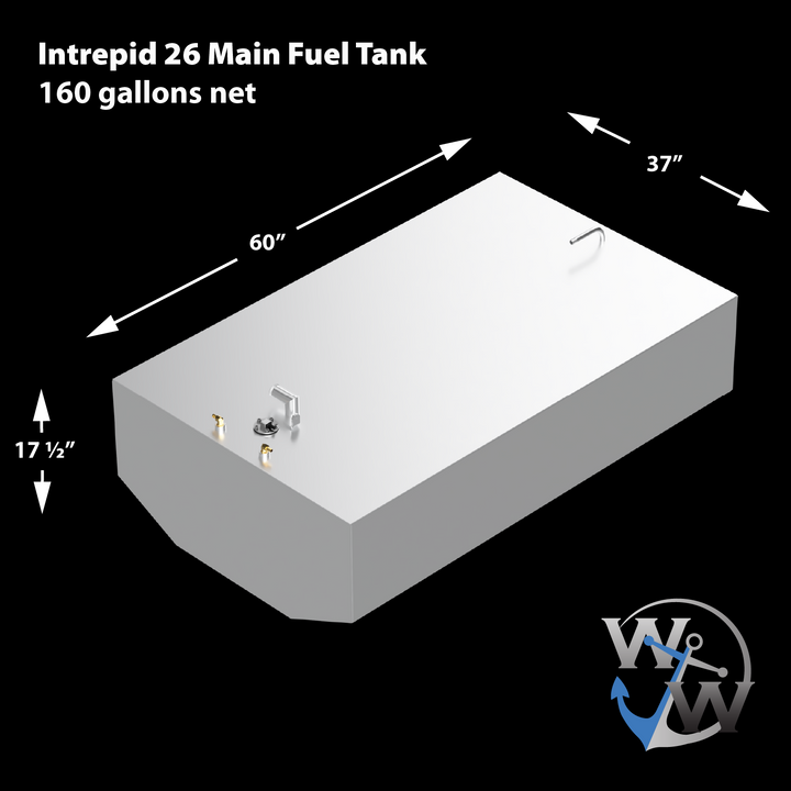 Diagram of an Intrepid 26' OEM replacement belly fuel tank with a capacity of 160 gallons. The tank measures 60 inches in length, 37 inches in width, and 17.5 inches in height, featuring two fuel fittings and a vent